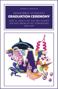 Graduation ceremony poster for the University of Washington's Department of Biology featuring an artistic "W" with nature themes.