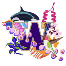 Illustration of a purple "W" with gold outline, featuring an orca, DNA helices, cherry blossoms, a hummingbird, and abstract patterns.
