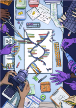 Aerial view of a science lab workspace with a DNA diagram and hands performing research tasks.