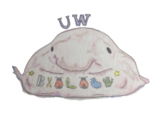 A drawing of a blobfish with "UW" on top and "BIOLOGY" spelled with biological symbols on its body.