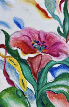 Abstract pastel drawing of a colorful pink flower with green leaves and multicolored swirls.