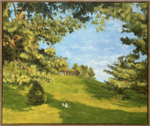 A painting of a green hillside with trees and a blue sky, featuring two figures sitting on the grass.