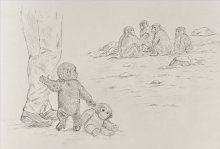 A young monkey holding the leg of a person, with a toy monkey at its feet, looks towards a group of four monkeys sitting on rocky terrain.