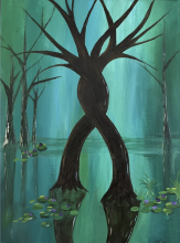 Two intertwined tree trunks form an arch in a teal and turquoise landscape with lily pads and purple flowers.