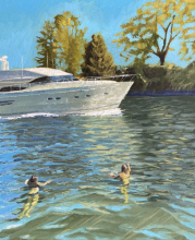 A yacht passes near two swimmers in a sunlit, tree-lined waterway.