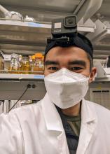 Adam Steinbrenner, wearing a face mask and GoPro camera.