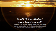 Sunset over water with the headline “Should We Make Daylight Saving Time Permanent?”