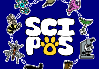 SciPos logo. The text is depicted as bubble letters with "Sci" on top of "Pos" where the "o" in "Pos" is a paw print. Around the text in a circle are various organisms as well as a microscope. The surrounding elements are connected by a strand of DNA.