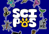 SciPos logo. The text is depicted as bubble letters with "Sci" on top of "Pos" where the "o" in "Pos" is a paw print. Around the text in a circle are various organisms as well as a microscope. The surrounding elements are connected by a strand of DNA.