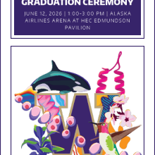 Graduation ceremony poster for the University of Washington's Department of Biology featuring an artistic "W" with nature themes.