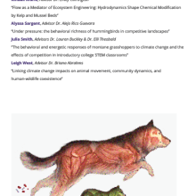 "Page titled 'Doctor of Philosophy in Biology' with a list of students, their advisors, and research topics. Includes an illustration of two dogs, one large and detailed, and one smaller, in green."