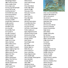 A list of names under "Bachelors in Biology" with an illustration of a lake scene and swimmers.