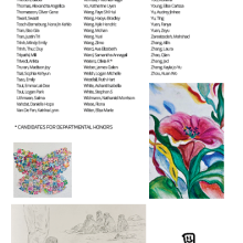 List of biology graduates with a flower painting, abstract butterfly art, child sketch with monkeys, and a stick figure drawing labeled "DIPLOMA."